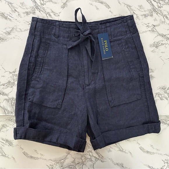 Polo Ralph Lauren Linen Paperbag Belted Hi Rise Shorts Regatta CP93 Women Size 2